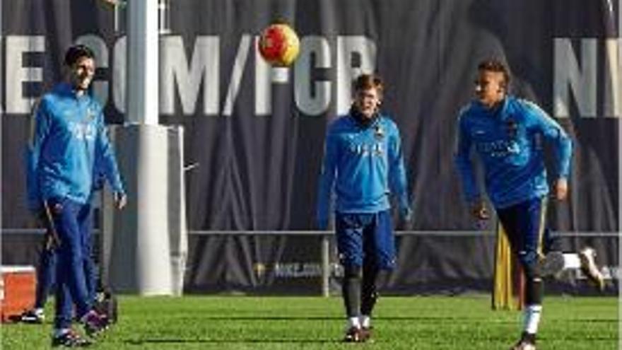 Suárez, Messi i Neymar, en l&#039;entrenament d&#039;ahir a la Ciutat Esportiva.