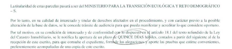 Disposición respecto a los plazos de las alegaciones para las reclamaciones de los comuneros