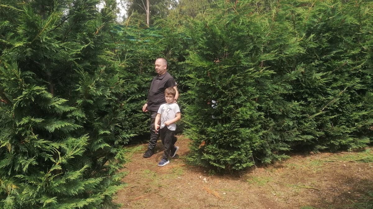 Un niño con su padre, ayer en el laberinto de Vilarmaior.