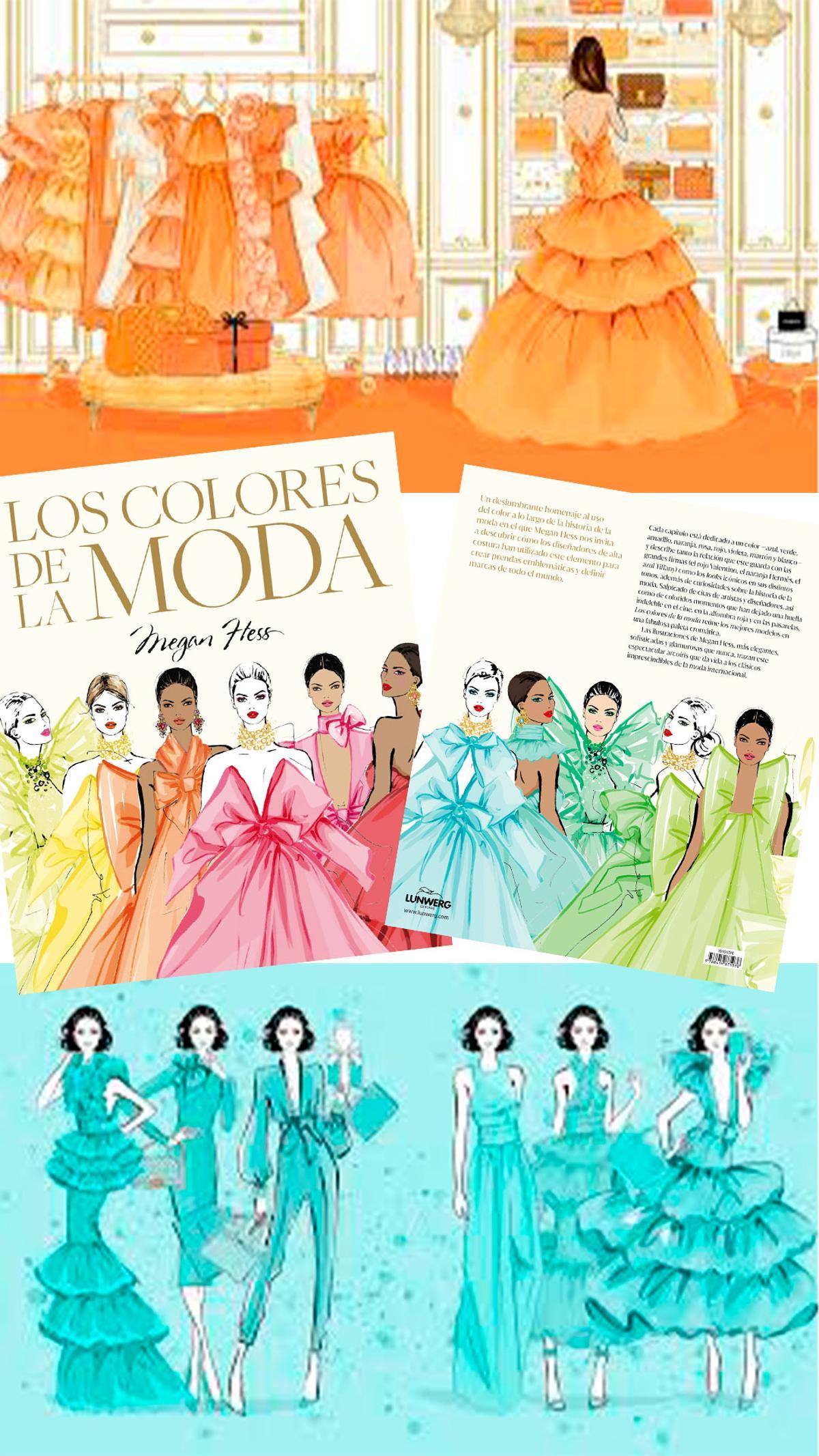 Reproducciones de varias páginas del libro "Los colores de la moda", la portada y la contraportada.