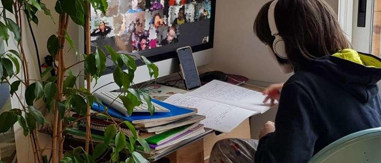 Un niño asiste a una conferencia virtual de su clase desde casa. // Xoán Álvarez