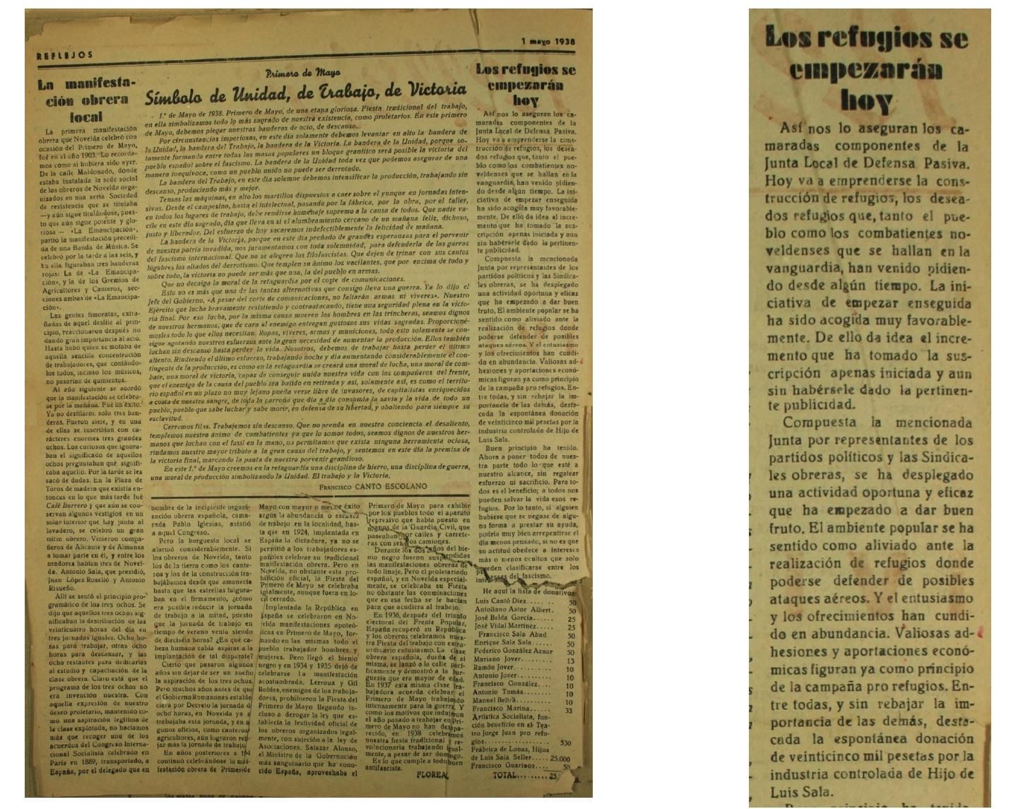 Recortes del periódico local Reflejos donde se anuncia el inicio de los trabajos para construir los refugios.