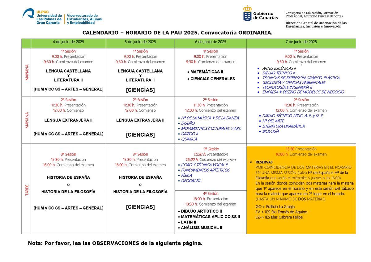 Calendario horario PAU 2025 junio