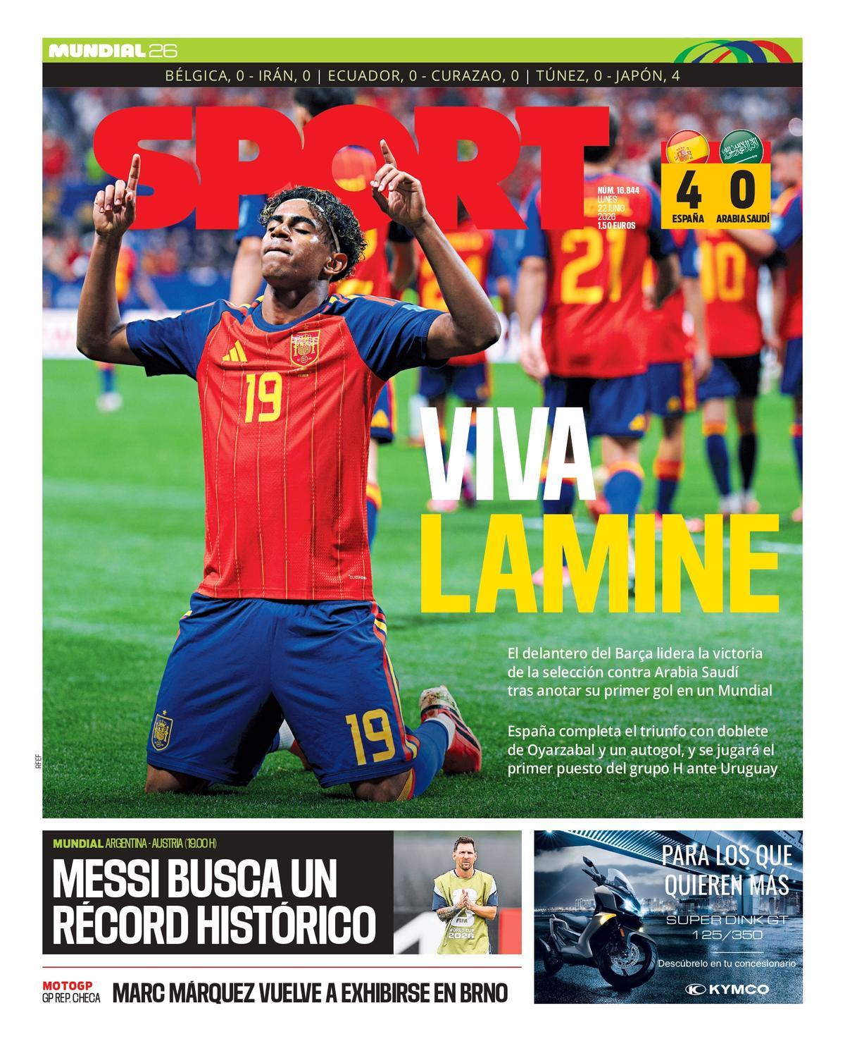 Esta portada de SPORT de hoy, lunes 22 de junio de 2026