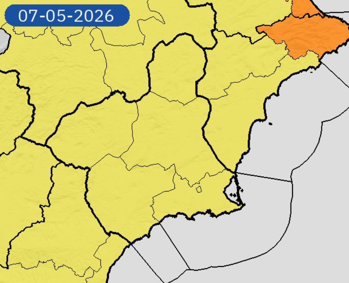 Mapa de avisos amarillos para este jueves en la Región de Murcia