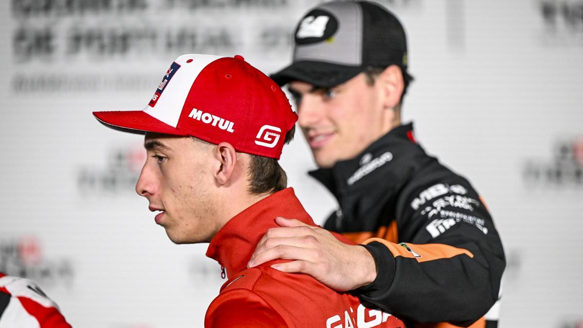 Los murcianos Pedro Acosta y Fermín Aldeguer, en la rueda de prensa previa del Gran Premio de Portugal