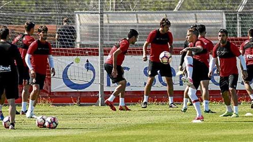 Los jugadores del Mallorca se ejercitan con intensidad sobre el césped de Son Bibiloni.