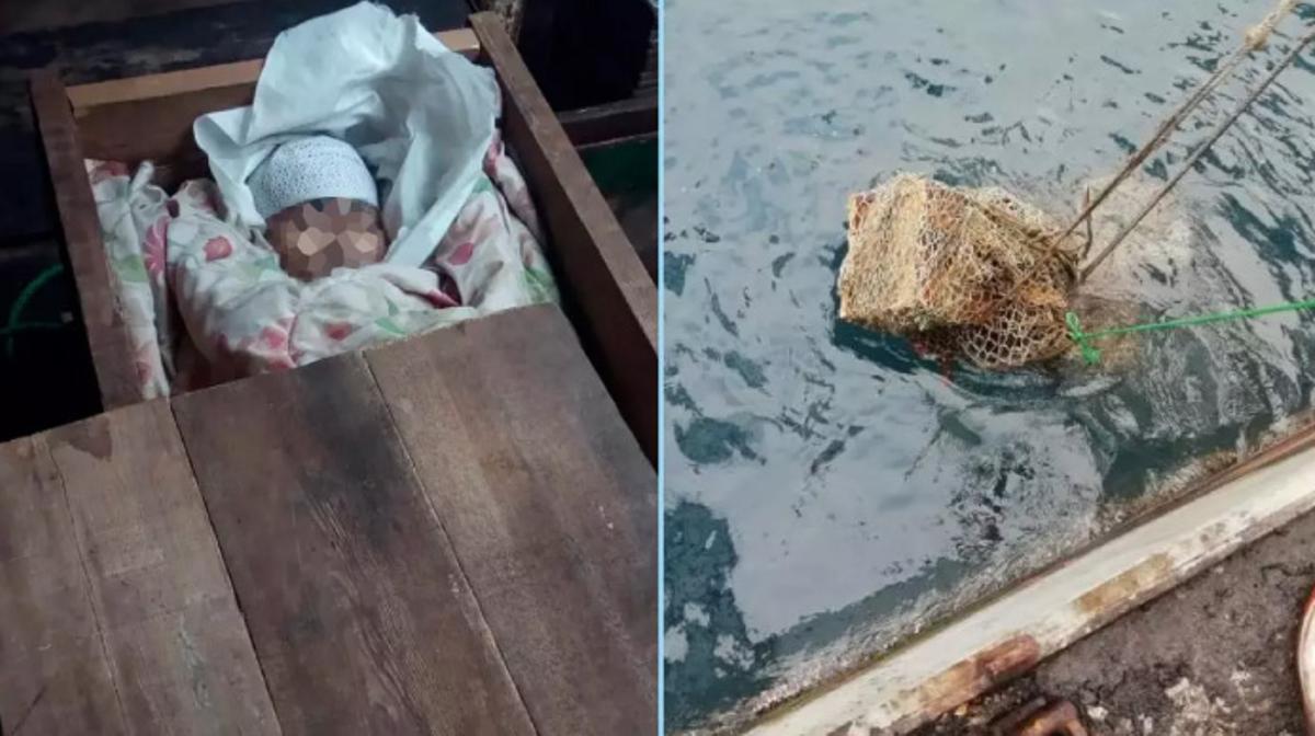 El marinero indonesio Fadhil y su ataúd de madera siendo arrojado al mar.