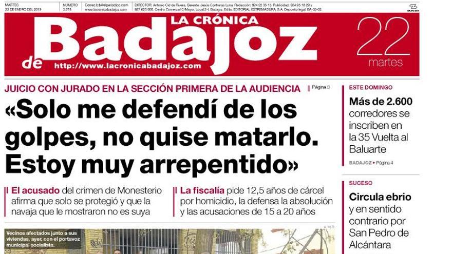 Esta es la portada de LA CRÓNICA DE BADAJOZ correspondiente al día 22 de enero del 2019