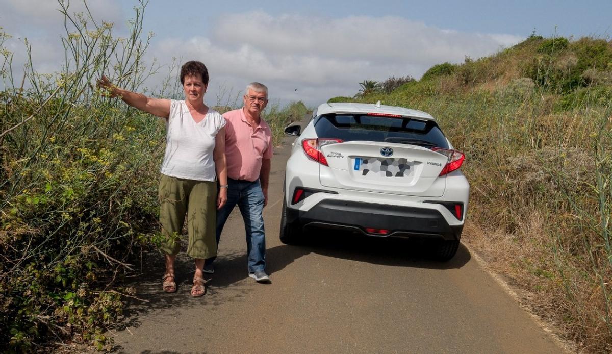 Nieves Viera y Bernardo Díaz apartan ramas a su paso por la vía mientras en el carril contrario circula un vehículo.