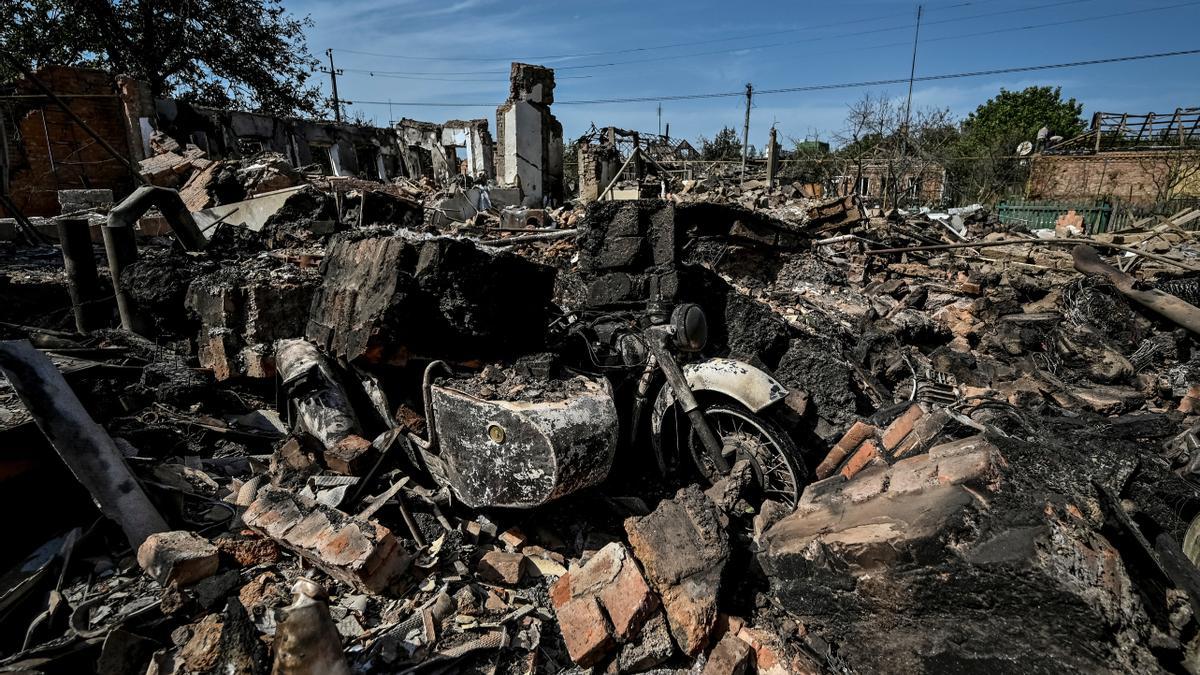 Residential houses destroyed by Russian military strike are seen, as Russia's attack on Ukraine continues, in the town of Orikhiv