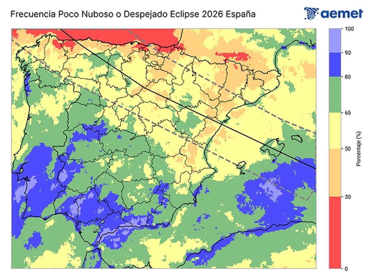 Proabibilidad de nubosidad el día del eclipse según los datos de los últimos 16 años.