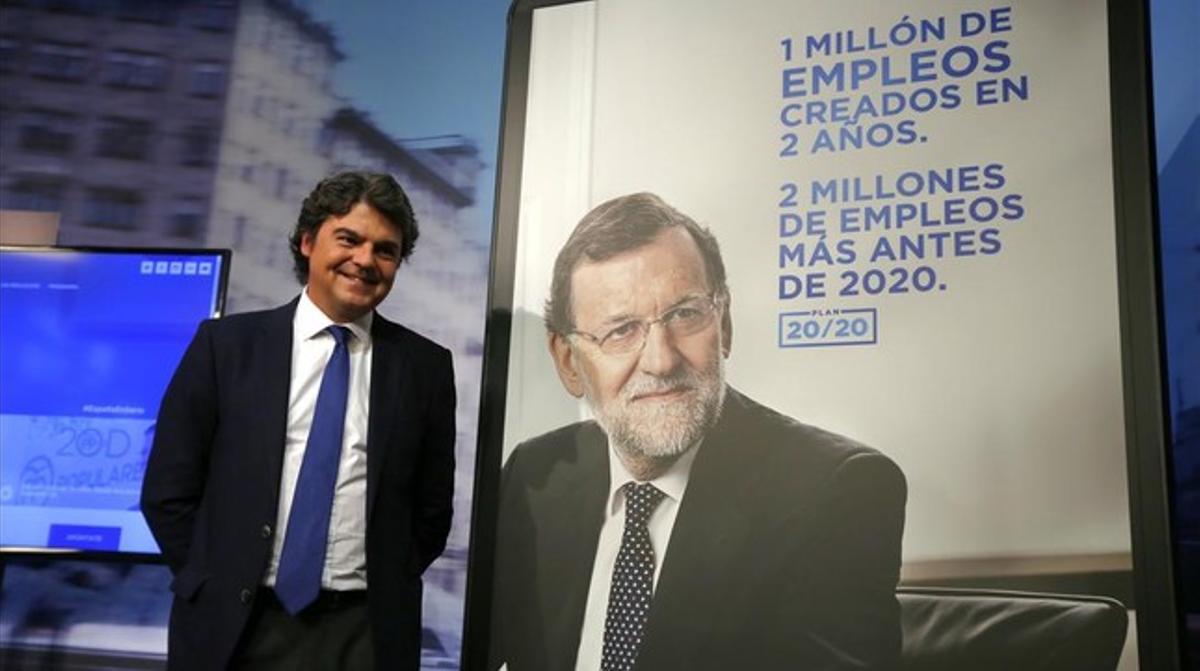 El director de campanya del PP, Jorge Moragas, en la presentació dels lemes, l’espot i els cartells dels conservadors de cara a les eleccions generals.