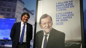 El director de campanya del PP, Jorge Moragas, en la presentació dels lemes, l’espot i els cartells dels conservadors de cara a les eleccions generals.