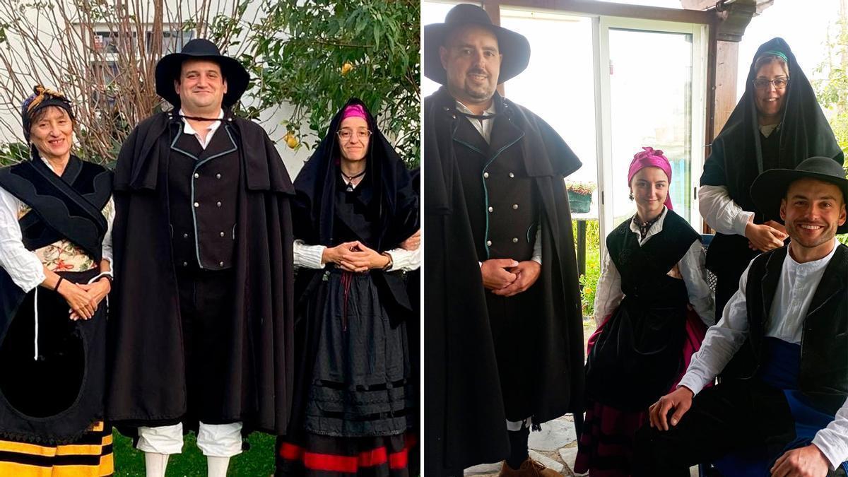En la izquierda la prueba de los novios salenses. A la derecha, los novios de Tineo (de pie) con los padrinos, Samuel García y Alba Álvarez.