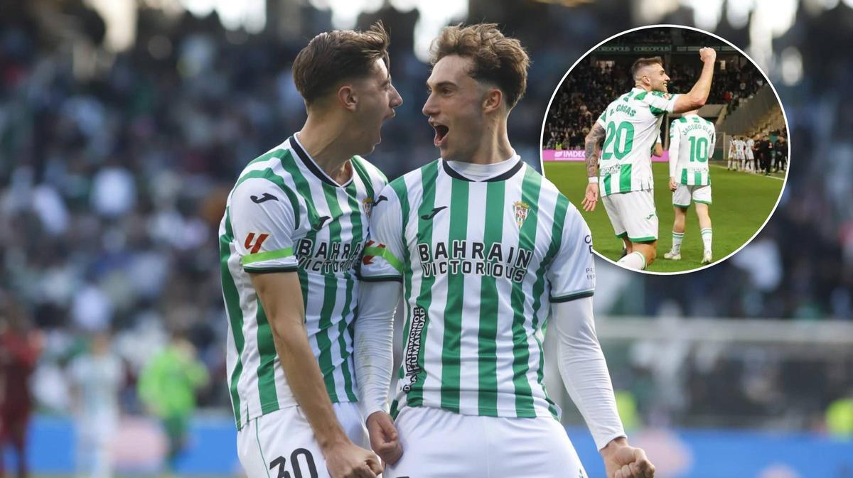 Mikel Goti y Dani Requena celebran el gol del vizcaíno ante el Leganés. En la burbuja, Casas festeja ante el Eibar, en la 24-25.