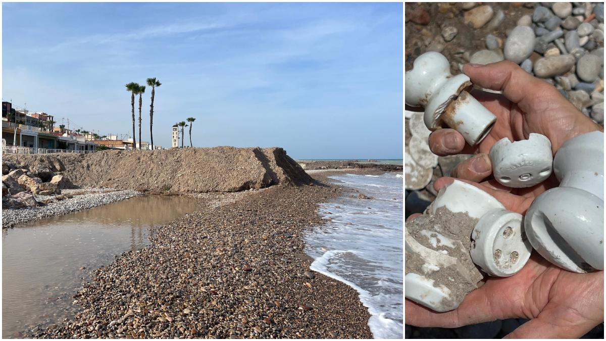 Vecinos denuncian la aparición de residuos en la arena que aporta Costas a la playa les Marines.