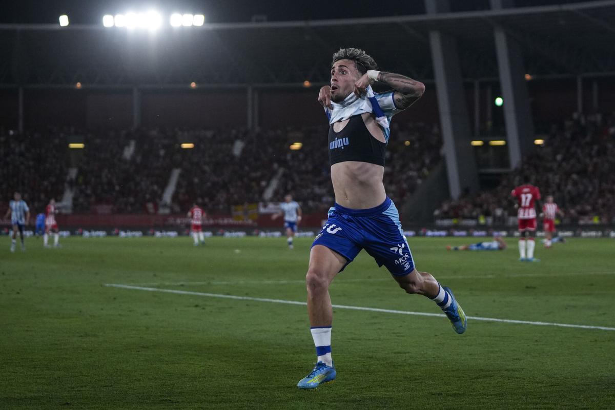 David Larrubia of Malaga CF celebrates a goal during the Liga Hypermotion, second leg of the Playoff for LaLiga EA Sports promotion, football match played between UD Almeria and Malaga CF at UD Almeria stadium on June 20, 2026, in Almeria, Spain. AFP7 20/06/2026 ONLY FOR USE IN SPAIN. Joaquin Corchero / AFP7 / Europa Press;2026;SPORT;ZSPORT;SOCCER;ZSOCCER;UD Almeria v Malaga CF - LaLiga Hypermotion