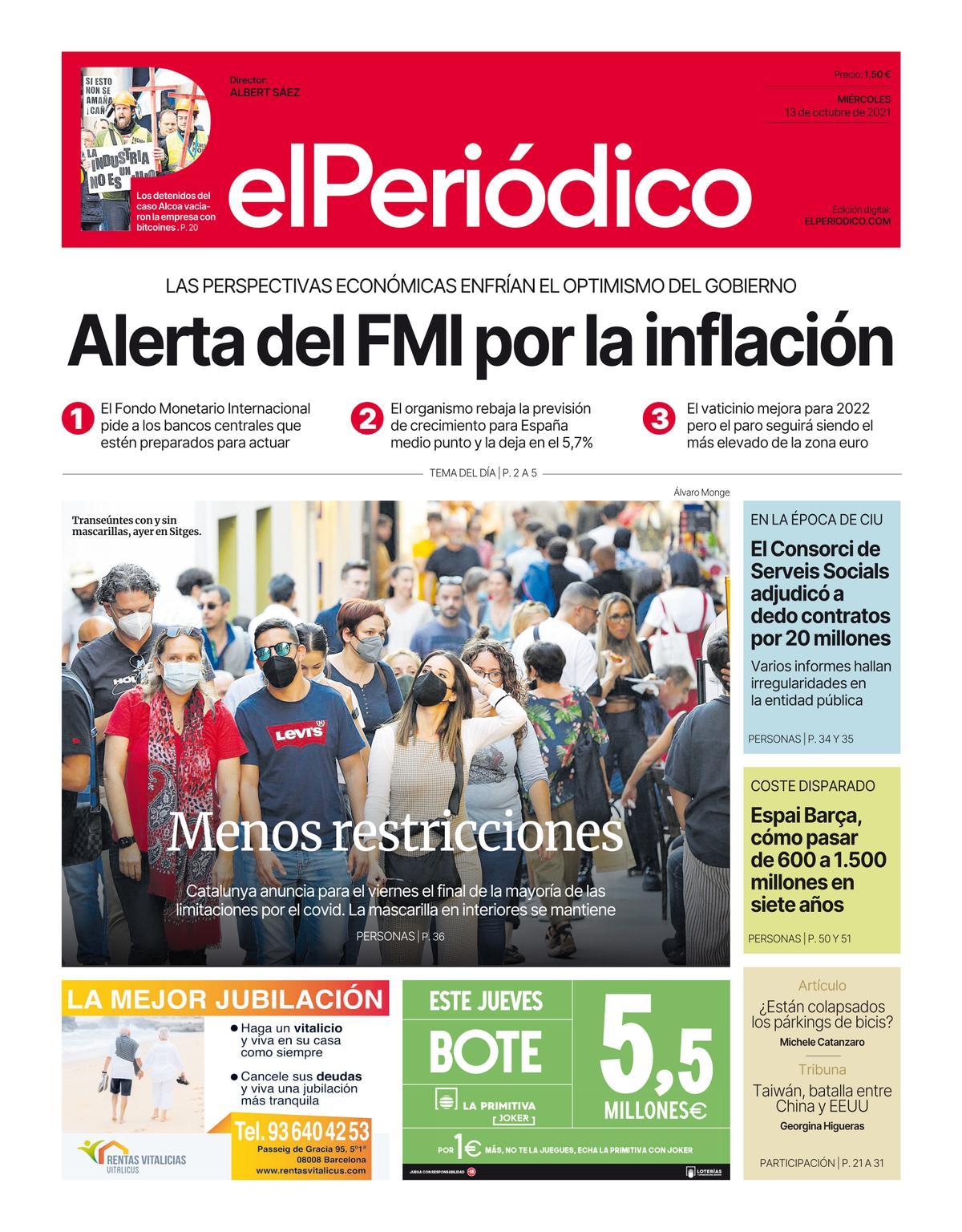 La portada d’EL PERIÓDICO del 13 d’octubre del 2021