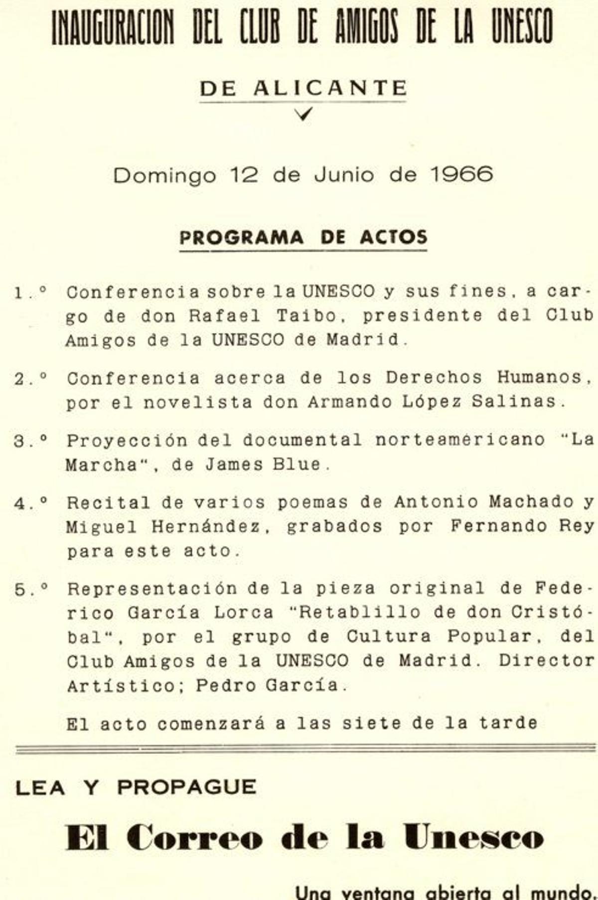 Programa de actos de la inauguración del Club Amigos de la UNESCO, en 1966.