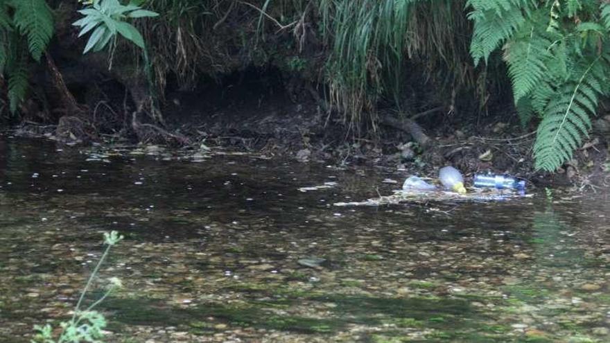 Botellas tiradas en el curso fluvial.