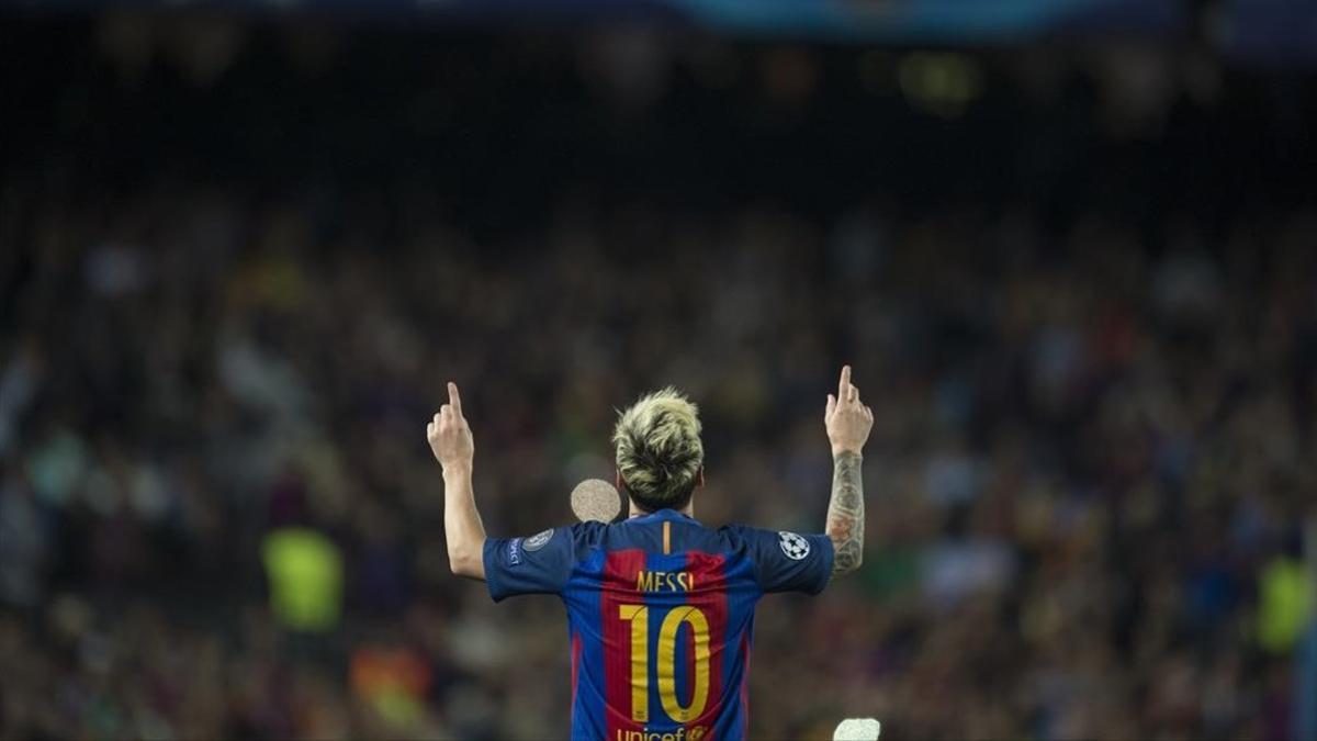 Messi celebra su gol al Manchester City en la Liga de Campeones.