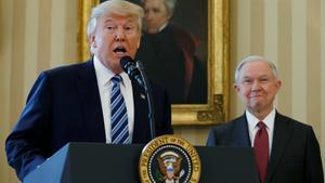 FILE PHOTO  U S  President Donald Trump speaks during a swearing-in ceremony for new Attorney General Jeff Sessions  R   at the White House in Washington  U S   February 9  2017  REUTERS Kevin Lamarque File Photo