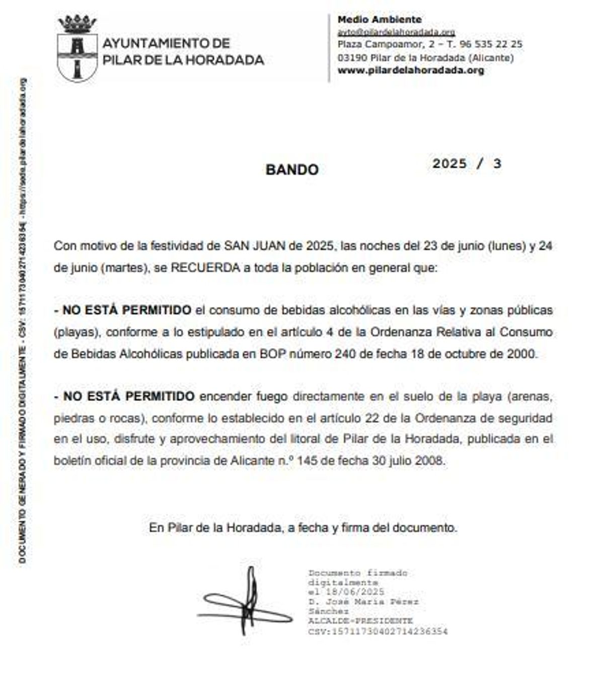 Side of the mayor of Guardamar del Segura reminiscent of the municipal ordinances