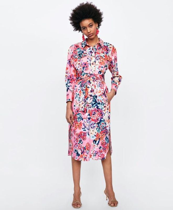 Vestido estilo camisa con estampado de flores, Zara