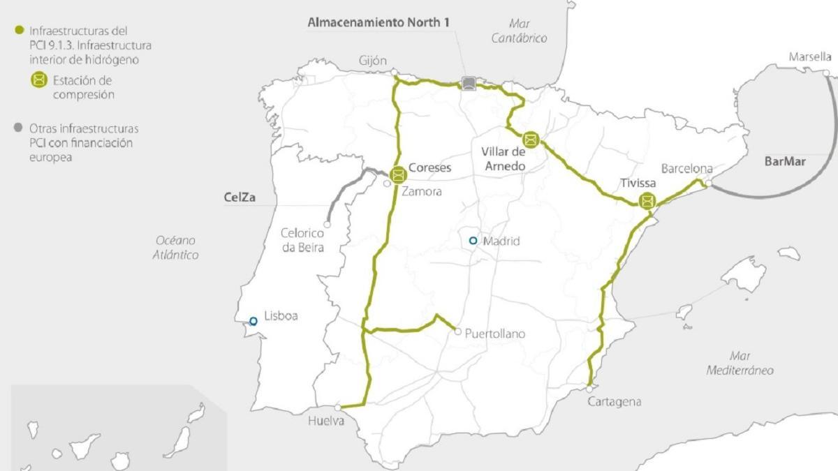 Mapa del desarrollo de la nueva red de hidrógeno verde en España.