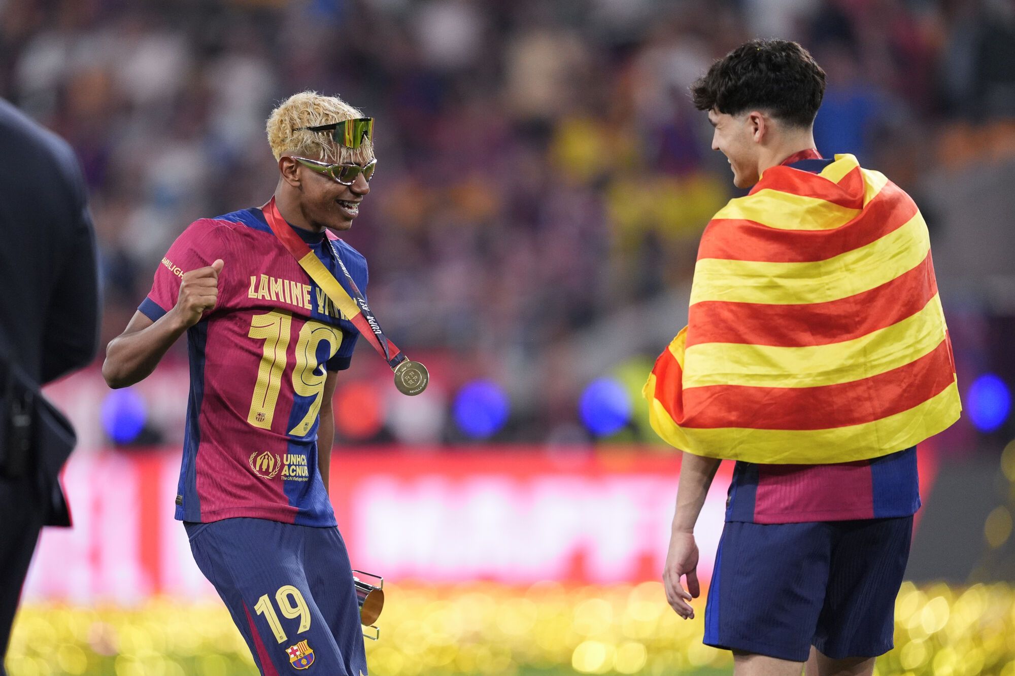 Lamine Yamal of FC Barcelona celebrates the victory during the Spanish Cup, Copa del Rey, Final football match played between FC Barcelona and Real Madrid at La Cartuja Stadium on April 26, 2025 in Sevilla, Spain. AFP7 27/04/2025 ONLY FOR USE IN SPAIN. Joaquin Corchero / AFP7 / Europa Press;2025;SOCCER;SPORT;ZSOCCER;ZSPORT;FC Barcelona Vs Real Madrid - Final Copa Del Rey;