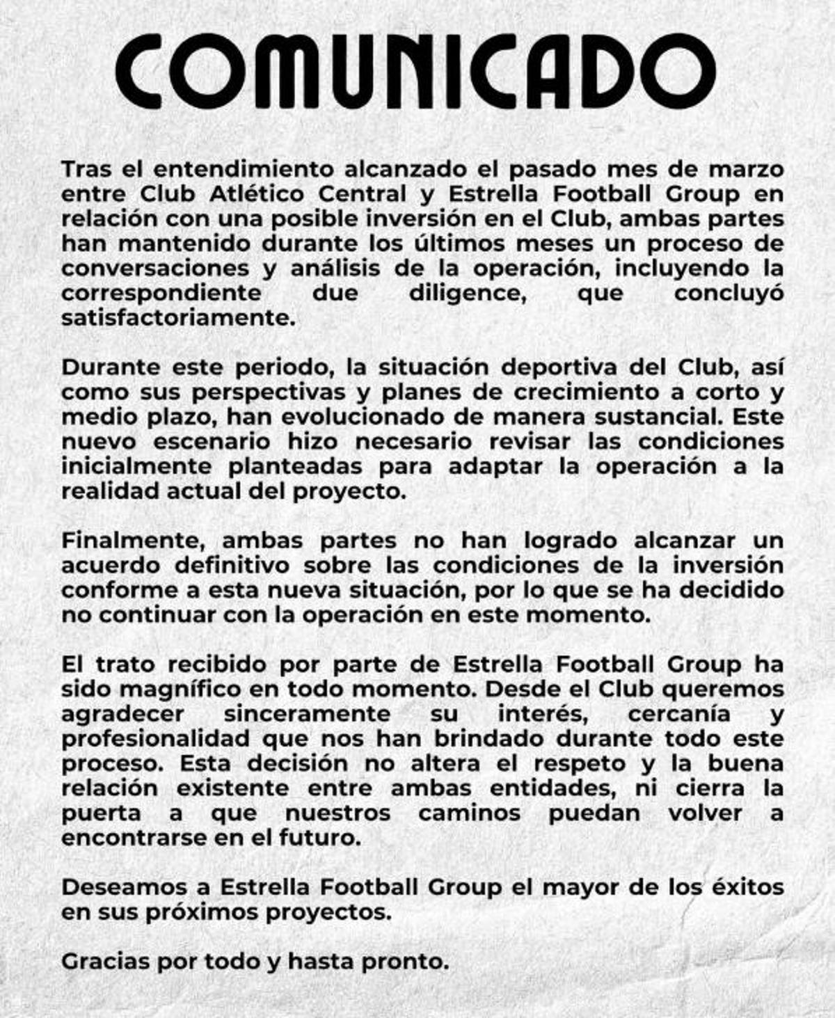 Comunicado del Club Atlético Central