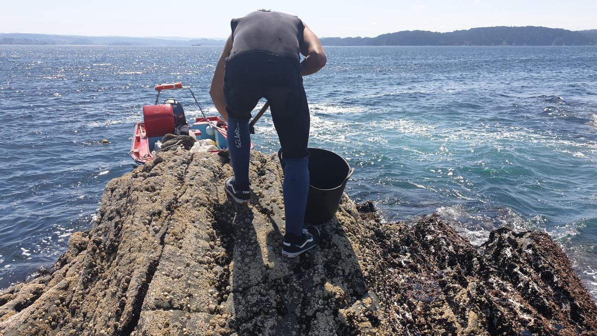 Un bateeiro arousano recolectando mejilla en la costa de Ares, ayer.