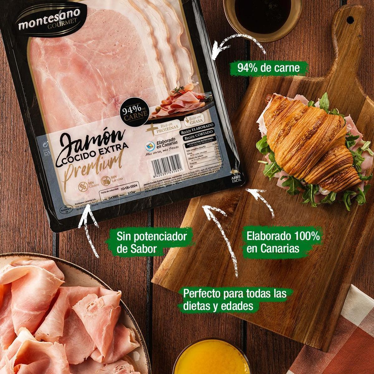 Jamon cocido Montesano, hecho en Canarias y con 94% de carne