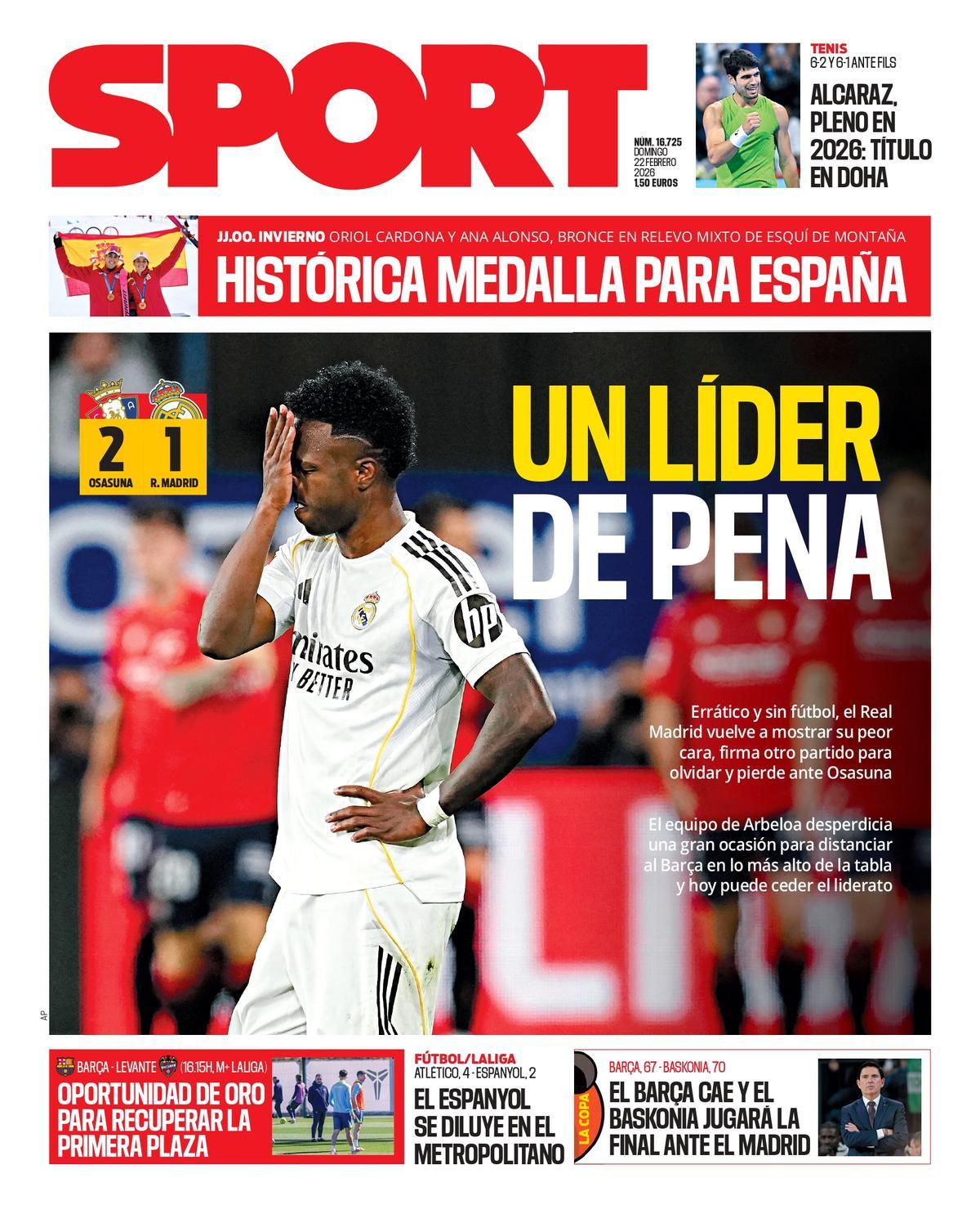Esta es la portada de SPORT de hoy domingo, 22 de febrero de 2026