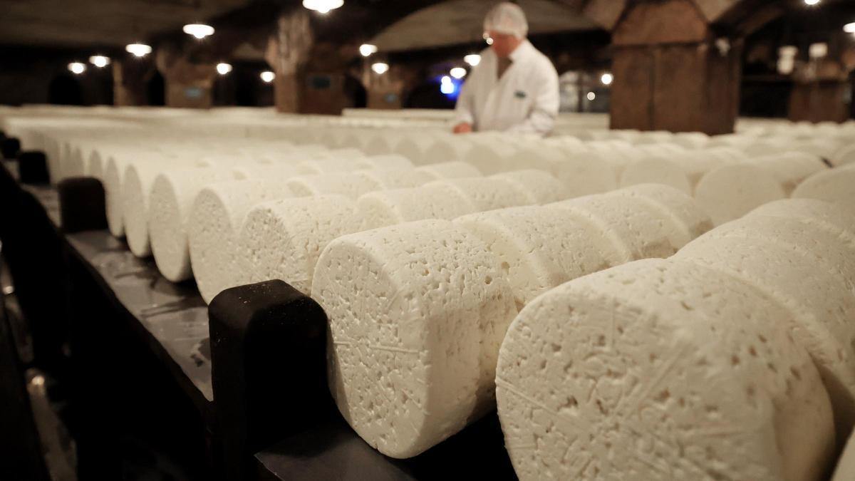 Centenares de quesos maduran en la bodega de Roquefort Société.