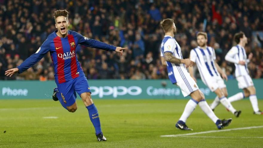 Denis Suárez celebra el primer dels dos gols que va marcar a la Reial Societat, anit al Camp Nou