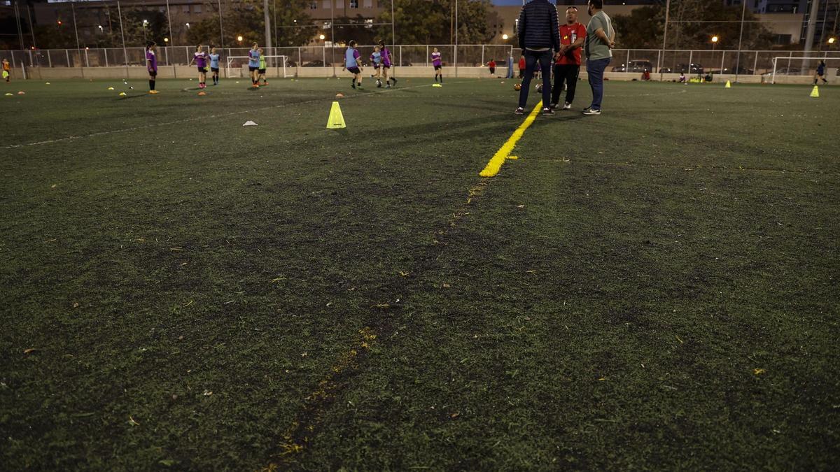 El estado del césped artificial de Vía Parque, en un entrenamiento de la semana pasada.
