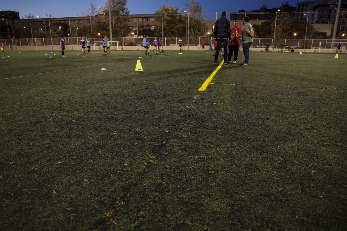 El estado del césped artificial de Vía Parque, en un entrenamiento de la semana pasada.