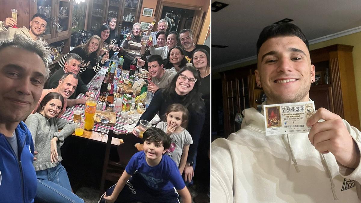En la imagen de la izquierda, Abel Díaz con parte de su familia, celebrando el Gordo. A la derecha, el sierense con el décimo agraciado.