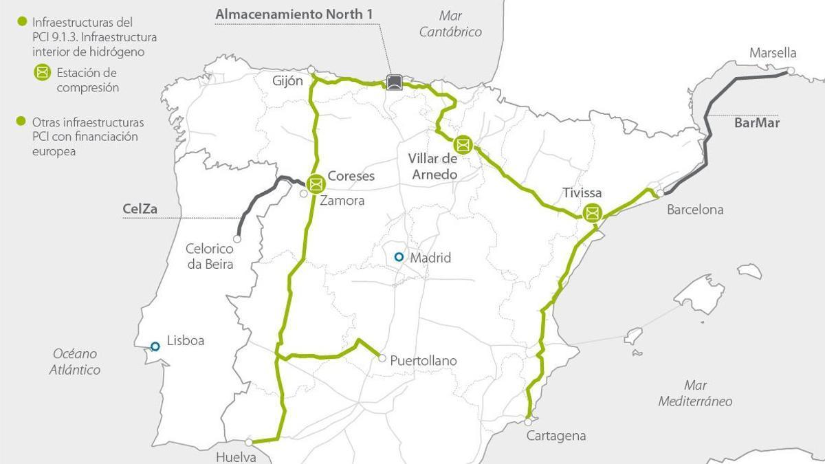 Gráfico con la ubicación de los conductos de hidrógeno del proyecto Red Troncal de Hidrógeno.