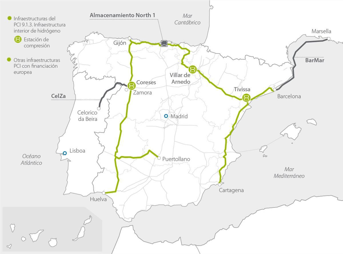 Gráfico con la ubicación de los conductos de hidrógeno del proyecto Red Troncal de Hidrógeno.