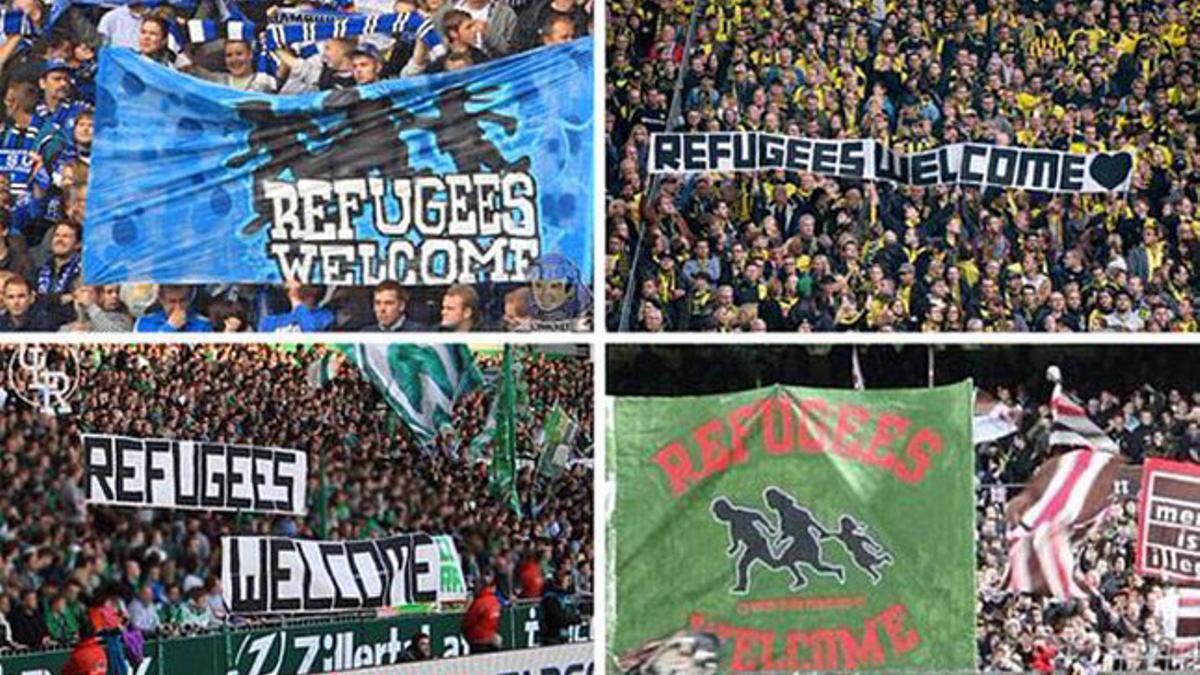 En diferentes campos de la Bundesliga se vieron pancartas de apoyo a los refugiados