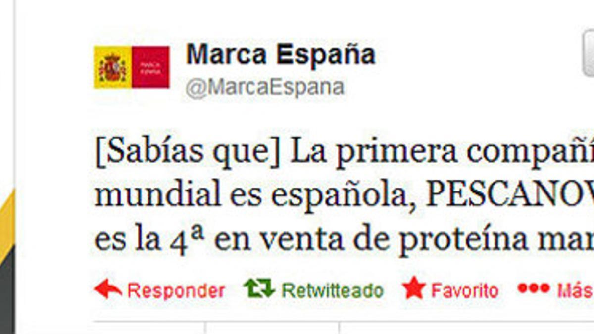 Captura del tuit de 'Marca España' sobre Pescanova