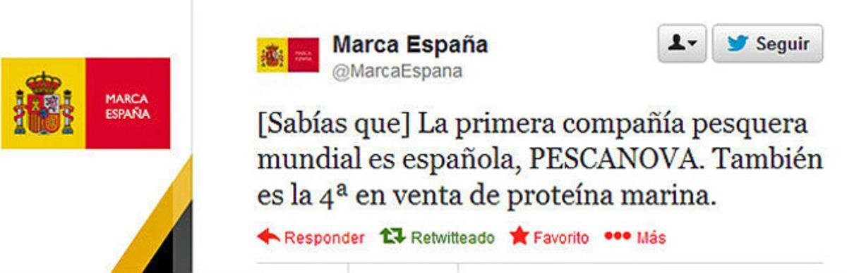 Captura del tuit de ’Marca España’ sobre Pescanova. Captura del tuit de ’Marca España’ sobre Pescanova.