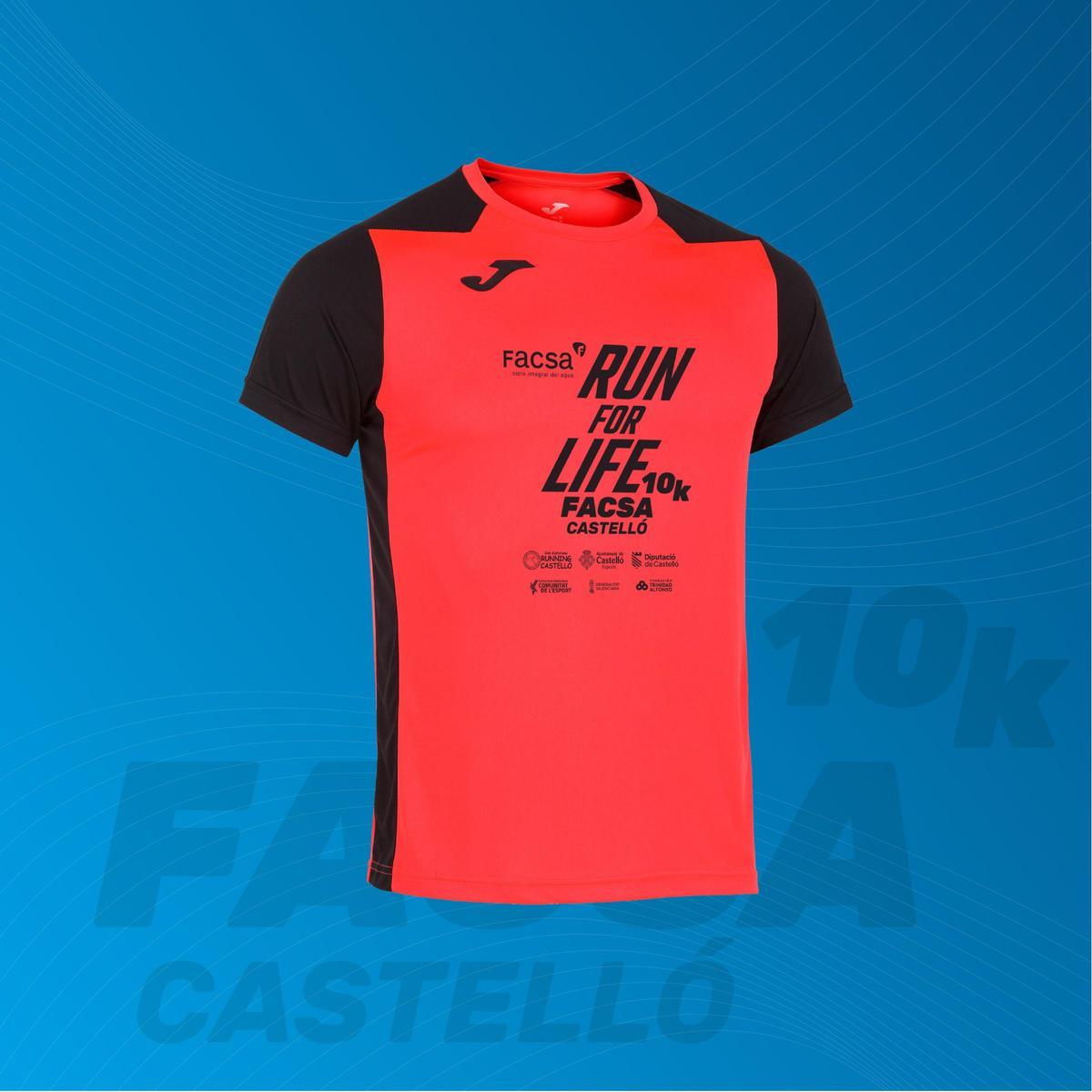 La camiseta oficial de 10K FACSA Castelló es modelo Récord II, en color coral con letras en negro.