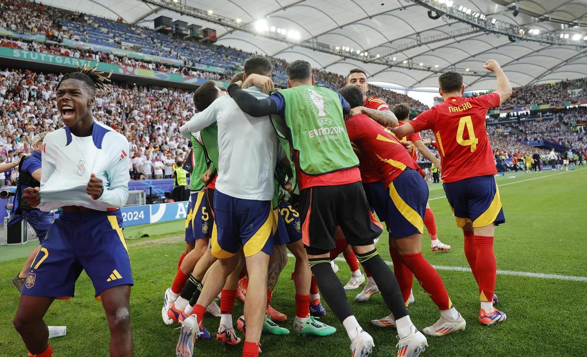 La Selección Española celebrando la victoria ante Alemania en la Eurocopa 2024.