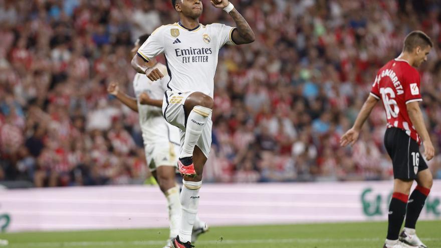 Rodrygo celebra el primer gol del Real Madrid en el partido de ayer. |  // EFE