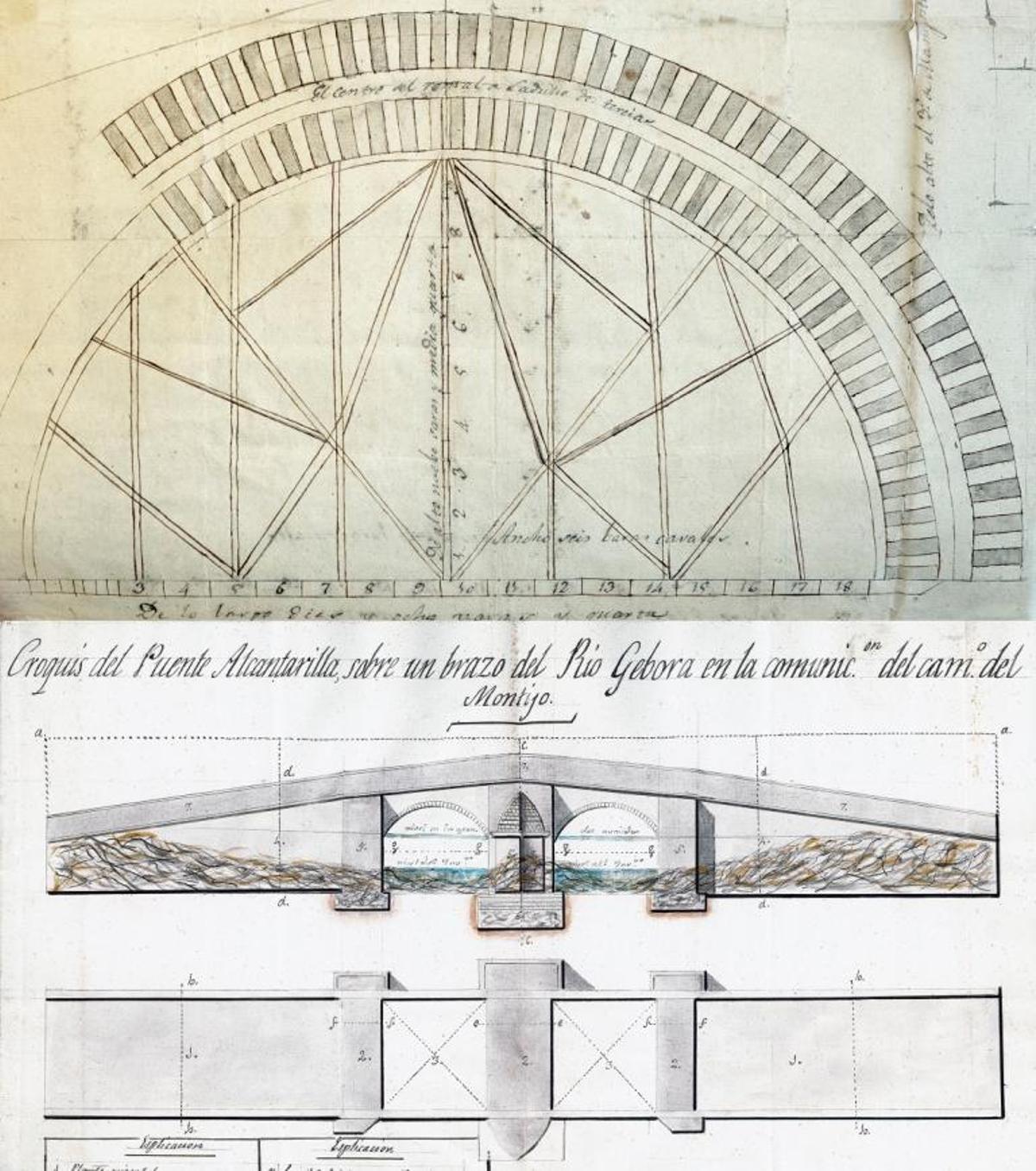 de 1814 de la reconstrucción de un arco. Plano de Valentín Falcato del puente-alcantarilla en 1844.