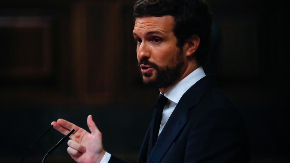 Pablo Casado, leader of Popular Party (PP) speaks during a session at Parliament in Madrid